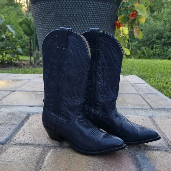 Vintage 90s Nocona Navy Leather Cowboy Boots | Made in USA | Western Heritage - Picture 7 of 10